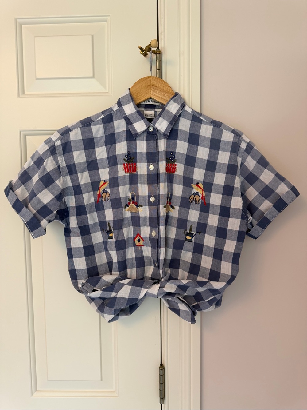 Gardening-core - Blue & White Gingham Embroidered Button-Up -  Vintage